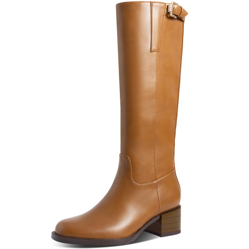 Knee High Boots Women Chunky Heel Round Toe With Side Double Zipper Tall Boots for Women High Block Heeled Long Faux Leather Boots for Party Dress Work