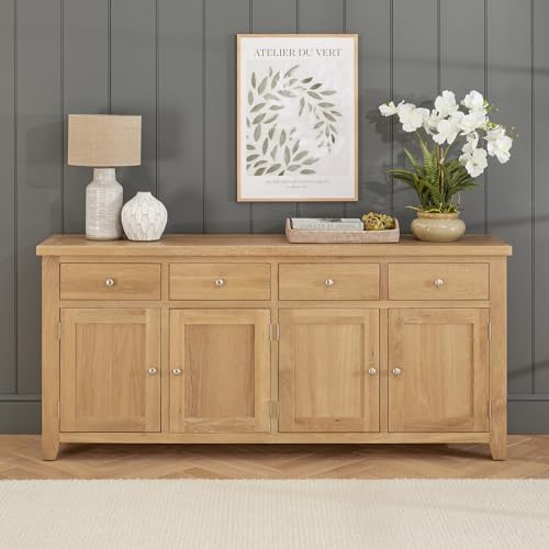 Image of The Furniture Market Cheshire Whitewash Oak | Extra Large 4 Drawer 4 Door Sideboard | Wooden Storage Cabinet | Adjustable Shelves | Fully Assembled | H 860 x W 1900 x D 435mm