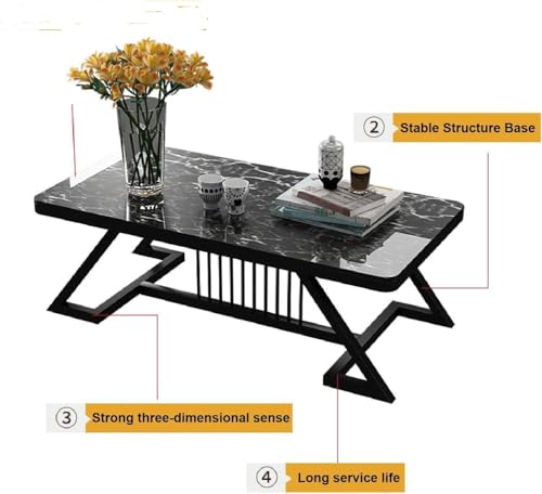 Image of Modern Rectangular Marble-Like Top Coffee Table with Metal Base for Living Room | Luxury Sofa Center & Tea Table for Home & Office | Easy DIY Assembly (90 x 48 x 48 cm) (Black)