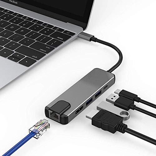 USB C Hub, USB C Adapter, 5 in 1 Multiport Converter USB C to HDMI 4K, 2 USB 3.0 Ports, USB C Power Charging, 1000M Gigabit Ethernet for MacBook Pro, Google Chromebook Thunderbolt 3 Compatible