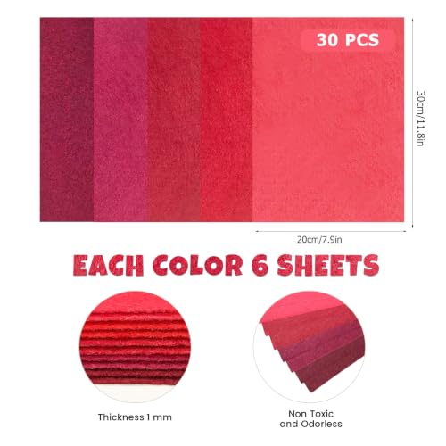 Image of 30Pcs Stiff Felt Sheets, 1mm Thick Felt Fabric Squares for Sewing & DIY | 5 Shades Of Red Colors Craft Felt, Hard Felt, Thick Felt & Felt Paper for Patchwork, Home Decor & Handmade Projects