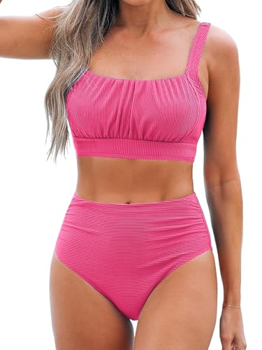 Image of CUPSHE Women's Tummy Control High Waisted Bikini Set Textured Bathing Suit | Removable Soft Cups, Ruched, Adjustable Wide Straps, Ribbed Texture, Twist Back Detail, Full Coverage, Sporty, Beach Vacation