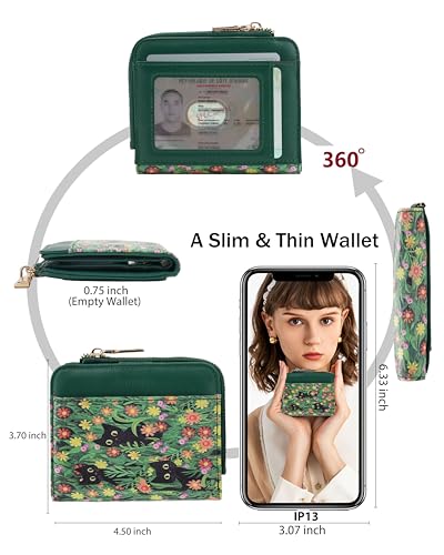 Image of Small Bifold Wallets Woman RFID Mini Wallet for Women Slim Card Holder with Zipper Coin Pocket & 2 ID Windows (Cat)