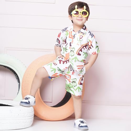 Image of AJ DEZINES Kids Cotton Shirt Shorts Half Sleeves Floral Printed CO-ORDS Set for Boys
