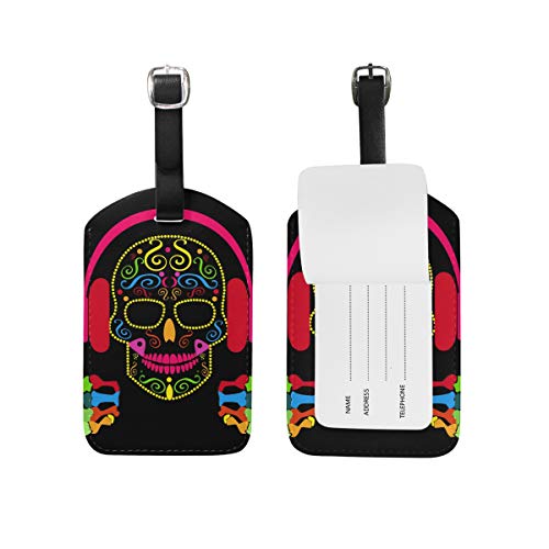Colour1 DJ Skull Icon Étiquettes de bagage en cuir PU aux couleurs vives avec couverture arrière complète pour valise, étiquettes de sac, accessoires de voyage – Lot de 1