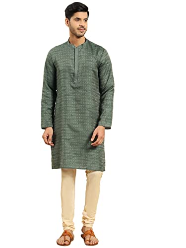 Image of Men's Black Art Silk Regular Fit Ethnic Motifs Kurta | Indian Kurta | Festive Ethnic Kurta with Embroidered Packet