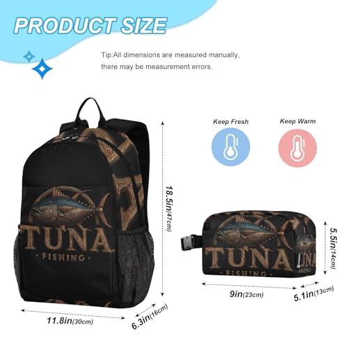 Kids Backpack Tuna Fish Black School Bookbag with Lunch Bag for Boys Girls Preschool Kindergarten Elementary Laptop Daypack2