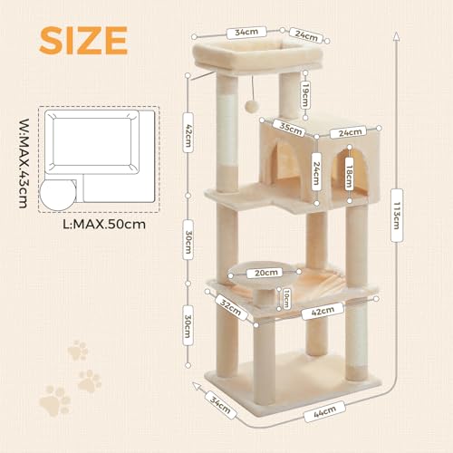 Image of MUTTROS Cat Tree for Indoor Cats, 44.5 inch Multi-Level Cat Tower with Large Metal Frame Hammock, Cat Condo with 2 Scratching Posts and Top Perch for Small to Medium Cats, Beige