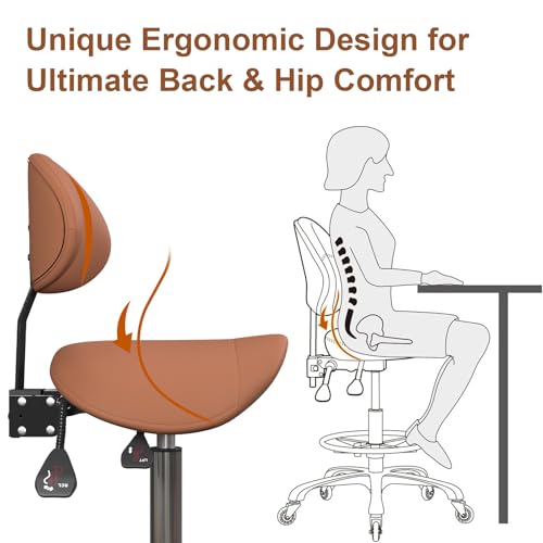 Image of Saddle Stool with Back Support, 350LBS Ergonomic Rolling Chair, Brown | 350 LBS Load, Height Adjustable, 360 Swivel Casters, Ergonomic Backrest, Multi-Use for Salon, Tattoo, Spa, Dentist