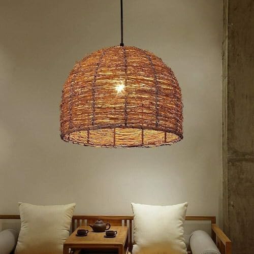 Lámpara de ratán artesanal retro XJBTBA con suspensión regulable para dormitorio de diseño