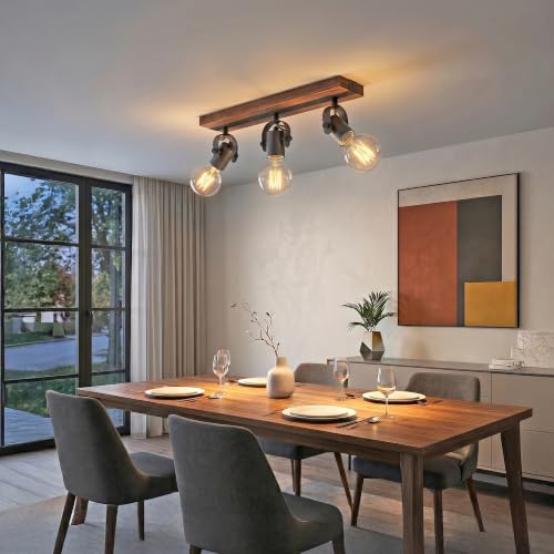 Image of 3-Light Track Lighting Fixture with Solid Wood Base, Industrial Open Cage Ceiling Lights, Adjustable Exposed Bulb Light, Farmhouse Black Metal Track Light for Kitchen Dining Room, E26 Base