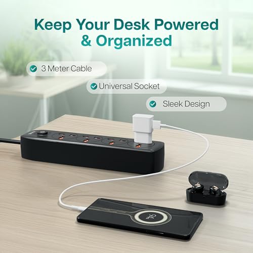 Image of Geonix PowerSpan S4 Pro | Extension Board with 4 Universal Sockets with on Off Button, 3mtr Long Copper Cable, 2500 Watts, 10 Amp Multi Plug for Office & Home Appliances (Black)