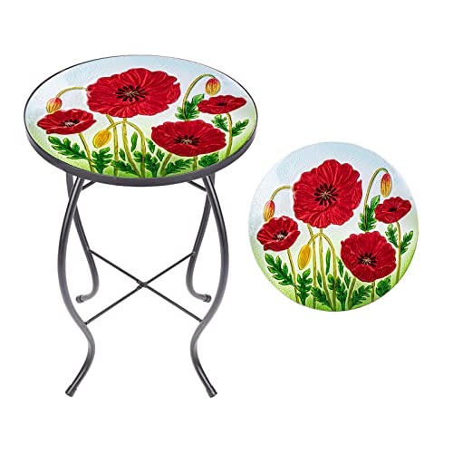 Mumtop Outdoor Side Table - Small Mosaic Patio Table, Poppy 14” Accent Round Side Table Glass Plant Stand For Garden Patio Living Room #TOP12