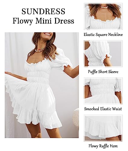 Women's Square Neck Puff Sleeve Mini Dresses Ruffle Elastic Waist A-Line Elegant Summer Casual Flowy Mini Dress3