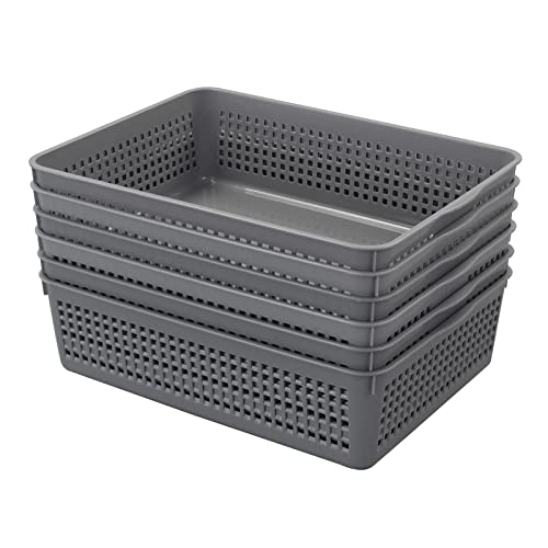 Nesmilers 6 Packs Plastic Storage Tray, Shallow Basket Trays, Grey
