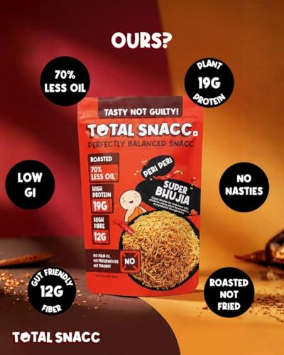 Image of TOTAL SNACC Roasted Bhujia Peri Peri (125g x 4 Packs) | High Protein 19g , High Fibre 12g | 70% Less Oil | No Palm Oil | Healthy Snacks | High Protein Snacks | Millet Bhujiya | Baked Bhujia Sev | Baked Namkeen | Diabetic Friendly | Low Calorie