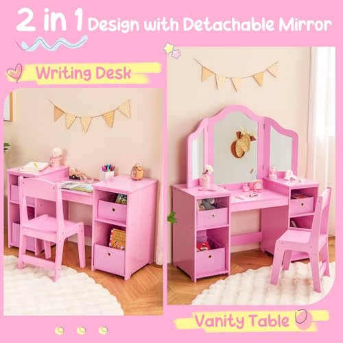 Image of Costzon Kids Vanity, 2 in 1 Princess Makeup Desk & Chair Set with Tri-Folding Mirror, 4 Storage Bins, Wooden Toddler Vanity Dressing Table, Vanity Set for Little Girls (Pink)