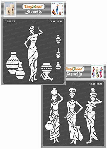 CrafTreat Reusable Tribal Stencils for Painting on Wood, Wall, Tile, Canvas, Paper, Fabric and Floor - Pose with Pot1 and Pose with Pot2-2 Pcs - 6x6 Inches Each - DIY Art and Craft Stencils