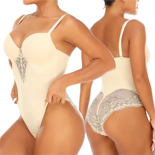 Body sexy en dentelle sculptant avec col V et entrejambe ouvert beige 2XL