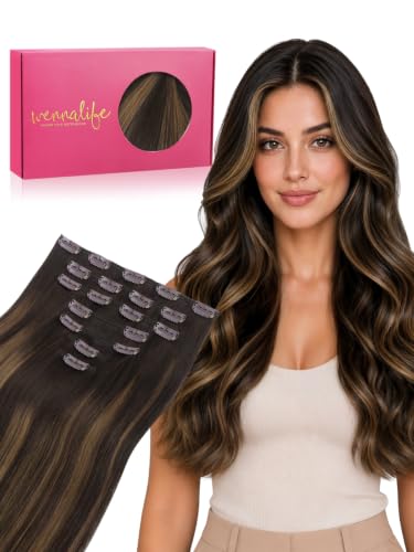 WENNALIFE Clip in Hair Extensions Real Human Hair, 22 Inch 200g 9pcs Balayage Dark Brown Mixed Chestnut Brown Fuller Hair Extensions Remy Hair Clip Ins, Soft Blendable Reusable &amp; Heat Friendly