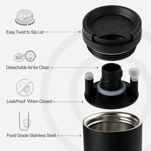 Image of 16 oz Travel Coffee Mug with Twist-Open Lid, Leak Proof Coffee Travel Mug, Insulated Tumbler Stainless Steel Coffee Cup For Hot And Iced Cold, Spill Proof Fits Cup Holder (Black)