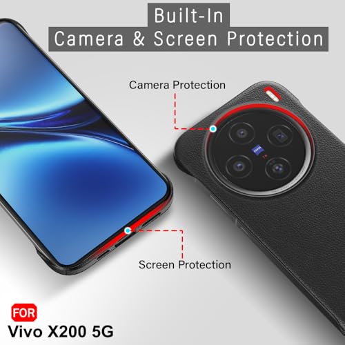 Image of TheGiftKart Hybrid Ultimate Slim Back Case Cover for Vivo X200 5G | Lightweight Profile | Hard Back Case Cover for Vivo X200 5G (PC & TPU, Metal Camera Ring, Leather Texture Finish, Black)
