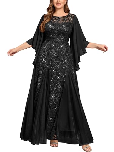 MISSMAY Women's Plus Size Sequins Lace with Ruffle Cape Cloak Sleeves Tulle Mermaid Hemline Evening Prom Long Dress
