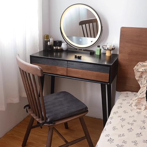 Escritorio de maquillaje de madera maciza con espejo iluminado, 2 cajones, 3 modos de iluminación LED ajustables, ideal para uso en dormitorio