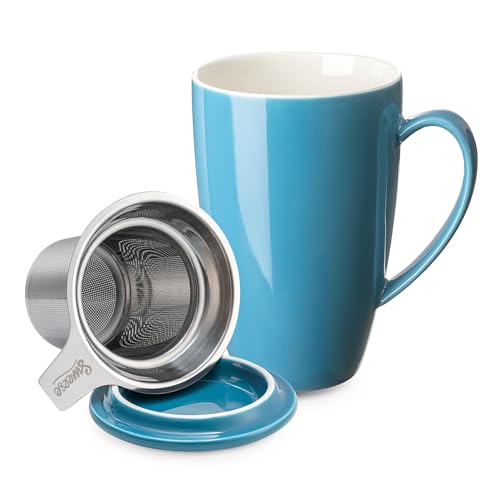 Sweese 15 OZ Porcelain Tea Mug with Infuser and Lid, Loose Leaf Tea Cup, Gifts for Tea Lover, Steel Blue