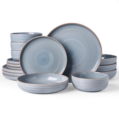 Image of Famiware Meteor 16-Piece Stoneware Plates and Bowls, Blue Gray | Dinnerware Set with Pasta Bowls for 4, Reactive Glaze Dish Set, Microwave & Dishwasher Safe, Chip & Scratch Resistant