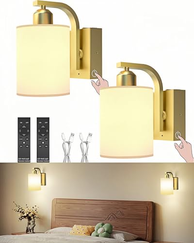 Image of iThird Battery Operated Wall Sconces Set of 2: 6000mAh Rechargeable Wall Light with Touch and Remote, Wireless Wall Lamp for Bedroom, Gold Modern Cordless Wall Scones for Living Room Hallway Bathroom