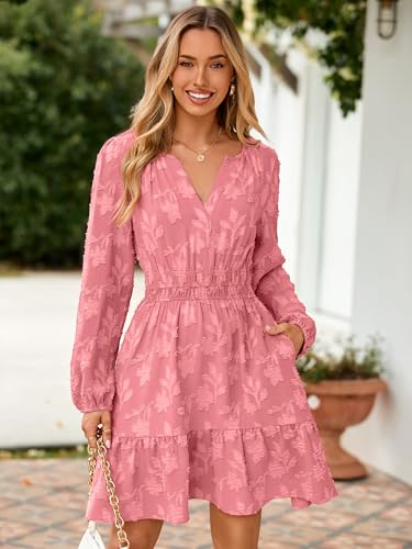 Image of BerryGo Womens Long Sleeve Mini Dress Casual A Line Flowy Loose Vacation Party Babydoll Fall Short Dresses with Pocket