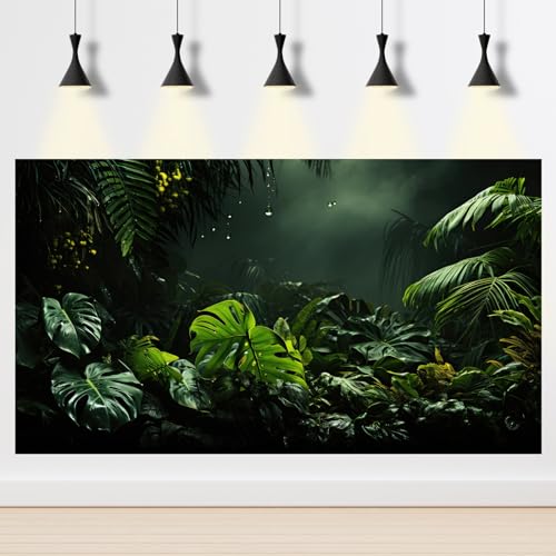 Image of Leaves Aquarium Background Foggy Tropical Palm Leaves Fish Tank Background Fantasy Misty Tropical Floral Pattern Landscape Reptile Tank Backgrounds Rainforest Reptile Enclosure Backgrounds 48x24in