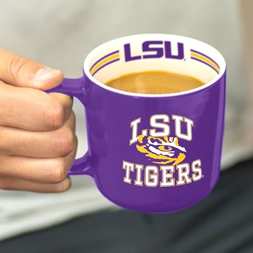 Image of Logo Brands NCAA LSU Tigers 15 oz Stripe Coffee Mug - Vintage Team Logo, Inside Print & Stripes, Microwave & Dishwasher Safe- Great Gift For Fans & Alumni