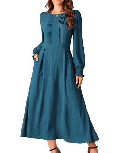 Image of Seta T Women's Fall Dress Frilled Long Sleeve A-Line Casual Midi Dresses