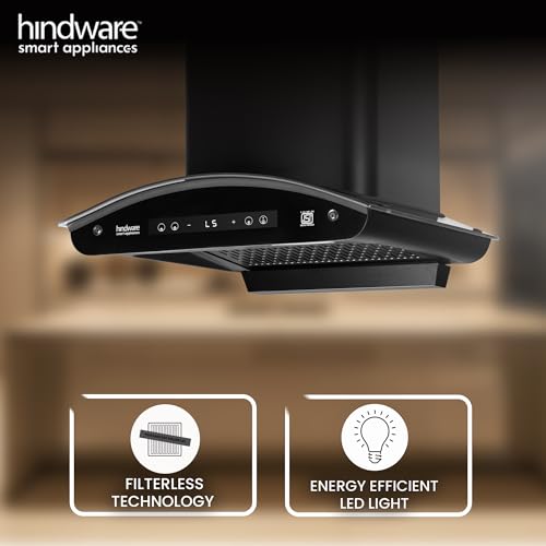 Image of Hindware Smart Appliances | Alexio Plus BLDC 60 cm Chimney | 1450 CMH | Curved Glass | Filterless | Auto Clean | Touch Control, Motion Sensor | 12 Yrs Warranty on Motor & 3 Yrs on Product (Black)