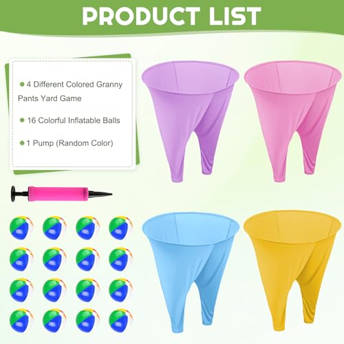 Image of ROMANKAS Adult Granny Pants Outdoor Game 4 Pack of Mixed Color Granny Pants Yard Game with 16 Bouncy Balls and 1 Air Pump (Random Colors) Granny Pants Game Large for Family Reunions Field Day