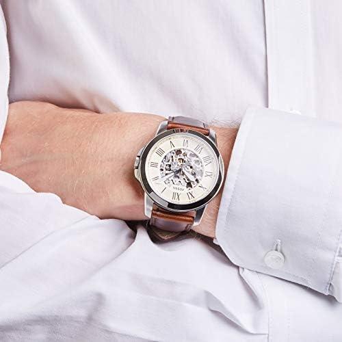 Fossil Watch for Men Grant, Mechanical Automatic Movement, 45 mm Silver Stainless Steel Case with a Leather Strap, ME3099