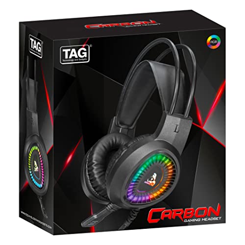 Image of TAG Gamerz Carbon Wired Over Ear Gaming Headphones with Mic | RGB Effect | Noise Cancelling Microphone | Suspension Headband | Comes with USB and 3.5mm Jack | Compatible with PC, Laptop