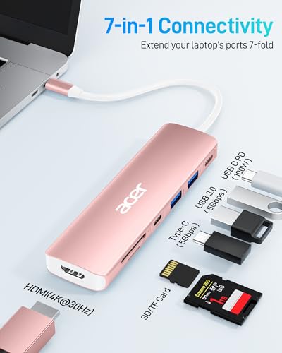 Image of Acer USB C Hub, 7 in 1 USB-C to HDMI Multi-Port Adapter, 2 USBA 3.1 GEN1 and 5Gbps Type-C Data Port, 4K HDMI Port, PD 100W Charging, SD Card Reader for iPad Pro MacBook Pro Laptops and More(Pink)