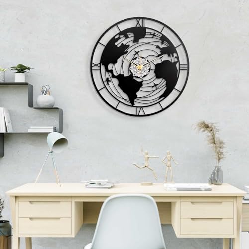 Image of METSY Metal Wall Clock World Map Design | Metal Wall Art Clock Decor for Living Room | Wall Hangings for Home Decoration | Size: 44.5x44.5 cm | Laser Cutting & Black Powder Coated