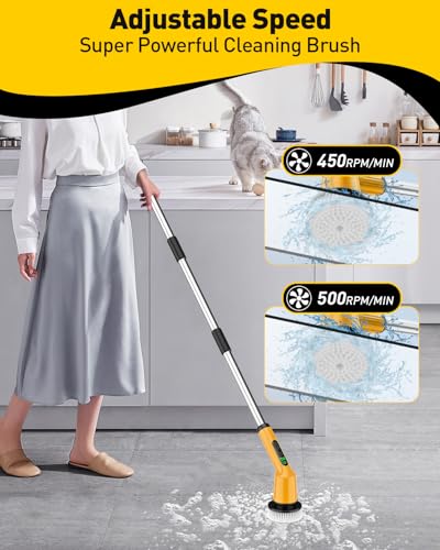 Image of Electric Spin Scrubber for Cleaning Bathroom, Shower Scrubber Cordless Cleaning Brush with IPX7 Waterproof & 2 Speed, 3 Floor Machine Pads, Bathroom Cleaning Supplies for Shower Tub Yellow