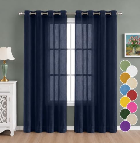 Image of THE LINEN COMPANY Cotton Linen Solid Long Door Curtain, Farm House Curtains Set of 2 Pcs with Steel Eyelet Rings 9 Feet (Dark Blue, Pack of 2) | Sheer