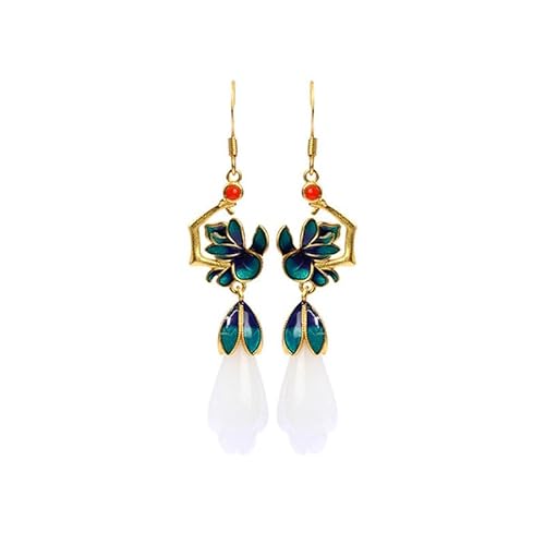 LIBERGA エナメル職人技の金メッキピアス 女性用 フェイク翡翠マグノリアダングルイヤリング ヴィンテージの美しい耳ジュエリー