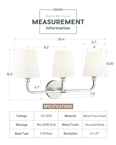 Image of Bathroom Light Fixtures, Brushed Nickel Vanity Lights with Flared White Fabric Shade, 3 Light Wall Sconce, Modern Sconces Wall Lighting for Hallway Bedroom, VL837-BN-3