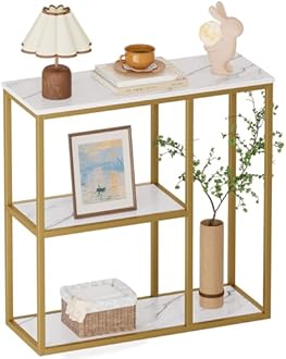 WOHOMO 31.5" Narrow Console Table with 3-Tier Storage, Industrial Sofa Table for Entryway, Living Room & Hallway - Gold Marble Faux Top, Sturdy Metal Frame