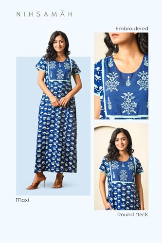 Image of NIHSAMAH Cotton Nighty for Women - Printed Stylish Night Gown, Comfortable Sleepwear Long Nightwear, Maxi