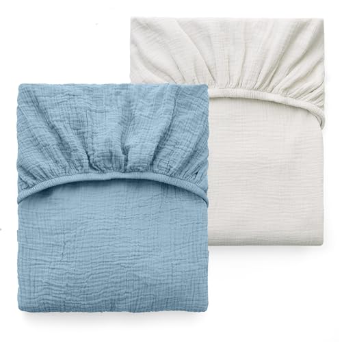 Image of Momcozy Muslin Standard Fitted Crib Sheets, 52"x28", 2 Pack Soft Breathable Natural Cotton Baby Mattress Sheet, 360° Mattress Wrapping No Slip Boys Girls Neutral Toddler Bed Sheet, Grey Blue