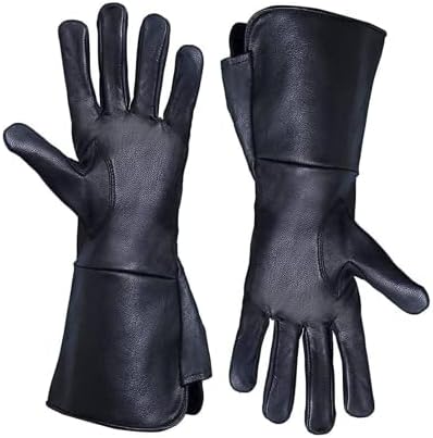 BlingSun Men’s Medieval Renaissance Gloves Pure Black Lambskin Unlined Leather Cosplay Gauntlet Gloves Long Arm Cuff (Medium)