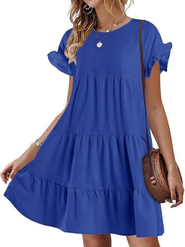 Image of Chuanqi Womens Ruffles Boho Floral Printed Babydoll Loose Swing Casual Short Mini T-Shirt Dress